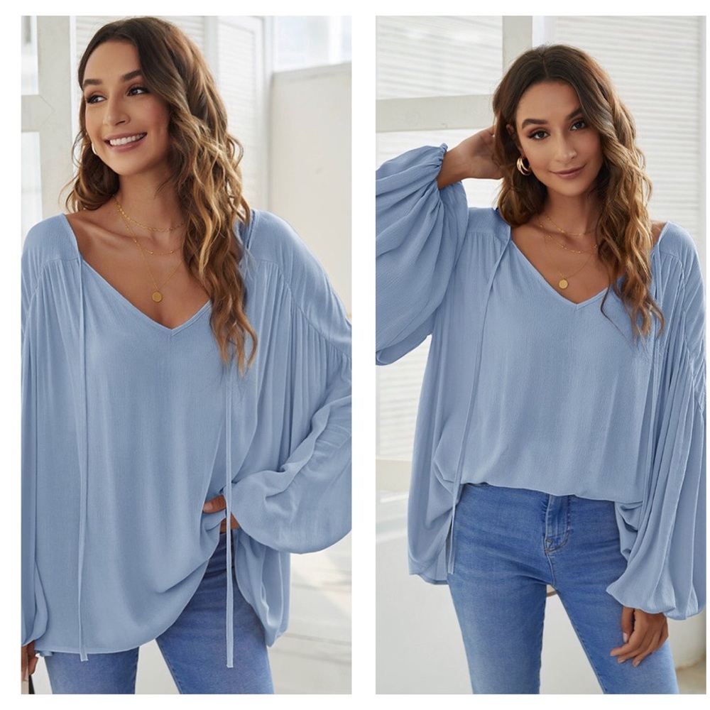 Blue Bohemian Lantern Sleeve Loose Fit Top Small NWT